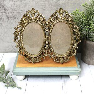 Vintage Gold Ornate Double Oval Picture Frame - Easel Back Table Top or Shelf